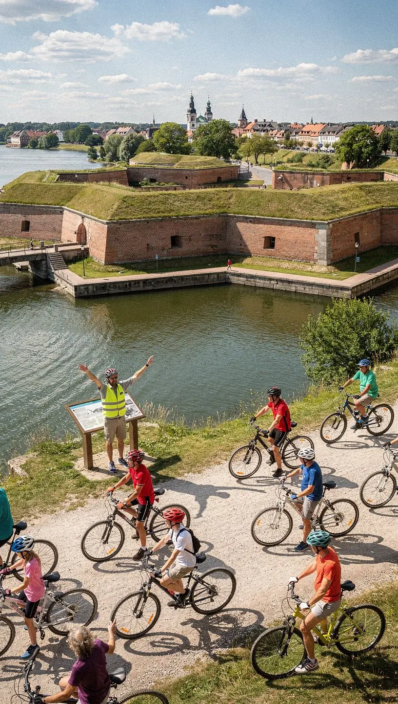Een panoramisch beeld van de gracht die de vestingstad Naarden omringt.