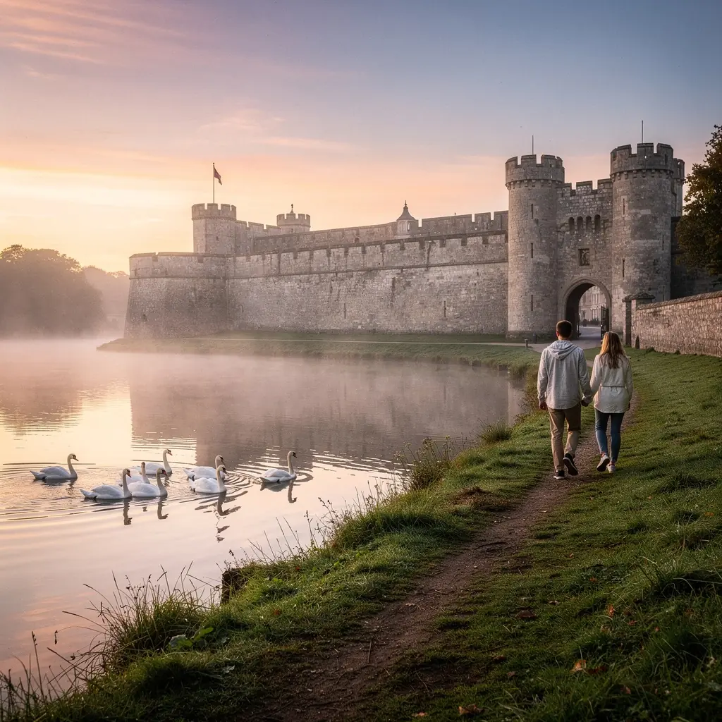 Een luchtfoto van de moated bastion stad, waarbij de symmetrische indeling zichtbaar is.